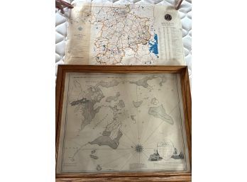 BRB/ Unframed Middlesex County MA Map 1960, Framed Harbors 1834 Beverly Salem Marblehead Manchester MA