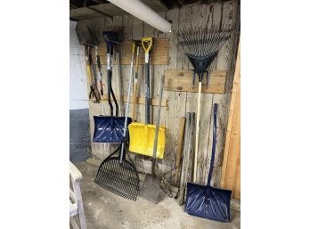 C/ Wall Filled W/20 Pcs Of Yard Tools - Rakes, Shovels, Edger....etc