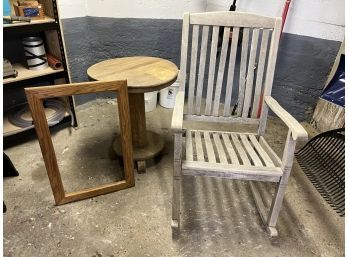C/ 3 Pc Wood Furniture - Plantation Timbers Teak Rocker, Round Side Table, Frame