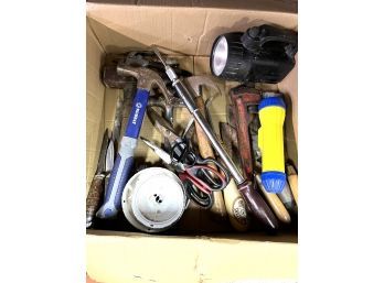 C/ Box Of Shop Hand Tools - Hammers, Scissors, Knife, Pipe Wrench, Flashlights & More