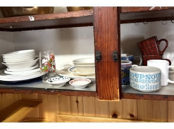 K/ Shelf Of Dinnerware - Correlle White, Vintage Strawberry Shortcake Drinking Glass, Mugs & More