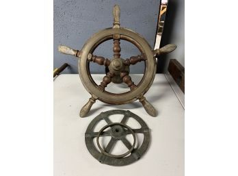 C/ Vintage Brass & Wood 20' 5-Spoke Ship Boat Wheel W/Hub Base