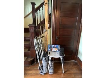 F/ Assorted Medical Supply Bundle - Crutches, Shower Seat, Walking Boots, Heating Pad, Walkers & More