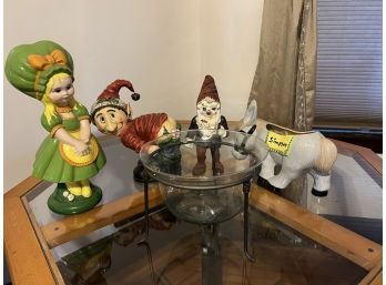 LR/ 4 Whimsical Figurines And A Metal & Plastic Planter Stand