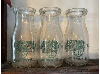 DR/ 3 Vintage 1/2 Pint Milk Bottles Essex Agricultural School Hathorne MA