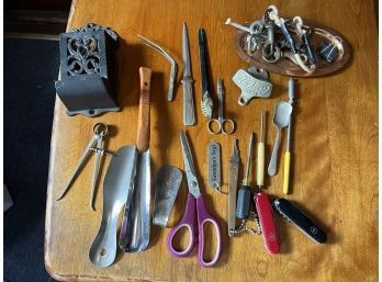 S/ Vintage This & That - - Cast Iron Match Dispenser, Swiss Army Knives, Coca Cola Bottle Opener & More