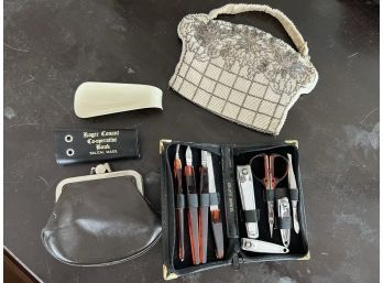O/ Vintage Beaded Purse Czechoslovakia, Change Purse, Leather Grooming Kit, Shoe Horn Etc