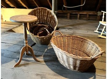 A/  3 Leg Round Wood Table & Several Assorted Baskets
