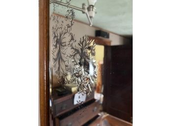BRA/ Unusual Vintage Beveled Wall Mirror W/Silver Floral Design Beneath Glass