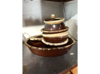 K/ Oven Proof Brown Glazed Stoneware 5 Pc Bowls Crocks