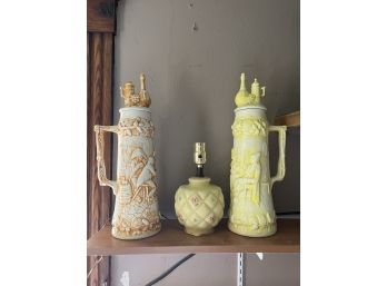 BRA/ 2 Decorative Ceramic Steins & A Sweet Yellow Painted Over Glass Floral Table Lamp