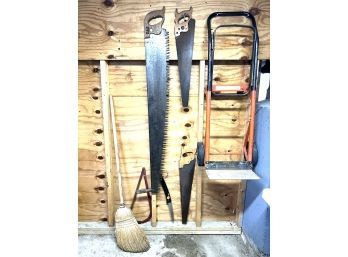 C/ A 4 Wheeled Dolly Hand Truck, 1 Broom & 5 Hand Saws (Huge 2 Handle Crosscut & More)