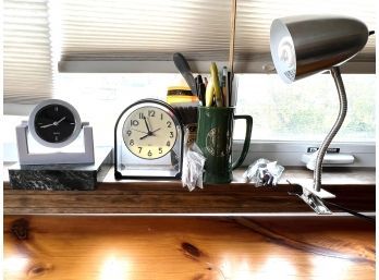 O/ Office Desk Essentials - Clocks, Clip Light, Pens, Mug Etc