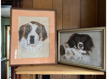 S/ 2 Framed Drawings Of St Bernard & Spaniel Dogs (1999 & 1978) Artists Signed