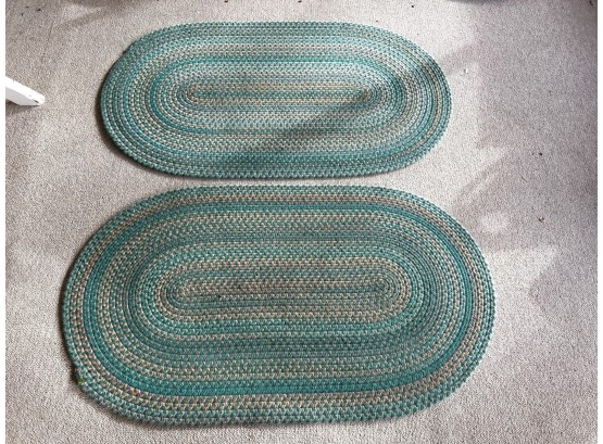 P/ Pair Of Pretty Green & Neutral Colored Braided Rugs 49' X 28'