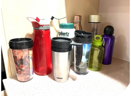 K/ 9 Pc Assorted To Go Coffee & Water Bottle Bundle - Mix Of Metal, Glass, Plastic