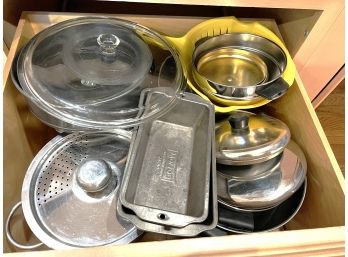 K/ Drawer Of Big Assortment Cook & Bakeware - Stock Pots, Lids, Springform Pan, Yellow Strainer Etc