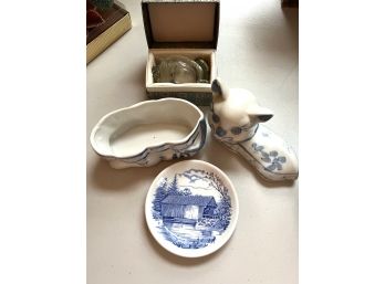 LR/ Etched Dragon On Decorative Glass Egg, Cat Trinket Box W Cover, Wood & Sons England Blue Trinket Dish