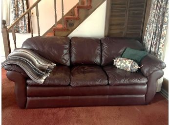 FR/ Brownish Red 'Merlot' Leather Couch W/ Southwestern Throw Blanket & 2 Accent Pillows