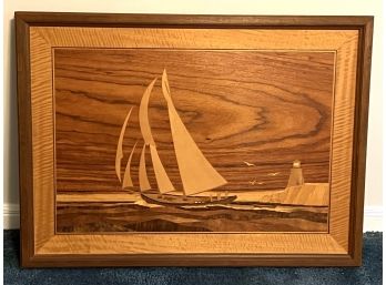 2BR/ Beautiful Mid Century Wood Inlay Marquetry Picture Schooner Sailboat Signed On Back By Artist