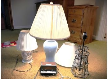 1BR/ Electric Alarm Clock & 3 Table Lamps W Shades - 1 Metal Lighthouse, 1 Glass W Shells, 1 Blue Ceramic