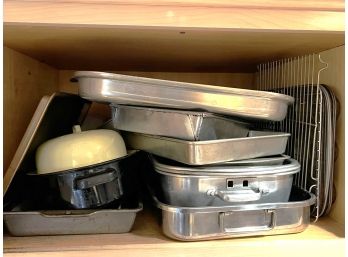 K/ Cabinet Of Big Assortment Bakeware - Muffin Tins, Rectangle & Square Pans, Roaster, Cooling Racks Etc