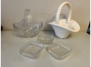 K/ 5 Pc Decor - Pressed Etched Glass Basket, White Ceramic Basket, 3 Square Trinket Dishes Gold Trim