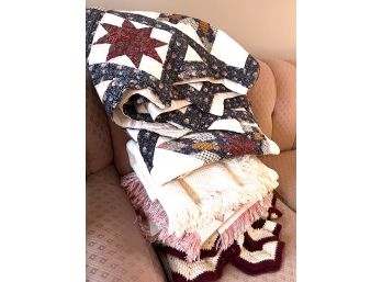 LR/ 4 Pc Beautiful Quilt & Blankets - Star Motif Quilt, Crocheted Afghan, 2 Cotton Throw Blankets