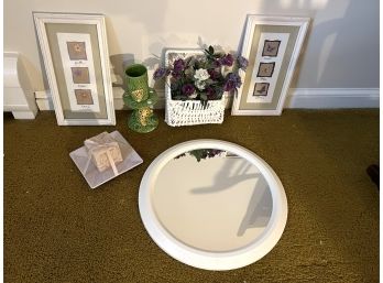 1BR/ 7 Pc Decorative Lot - Round Wall Mirror, 2 Framed Art, Faux Florals, Candle, Cup & Toothbrush Holder