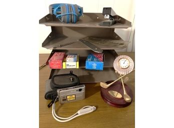 CL/ Desk Accessory Lot - Lead Crystal Quartz Clock, Vintage Metal File Sorter, Sony Cybershot Camera Etc