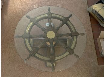 LR/ Vintage Wood Brass Rope & Glass Top Round Ship Wheel Coffee Table