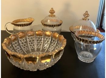 K/ Set Of 5 Vintage Glass Pcs W Crimped Gold Edges - Open Bowl, Creamer, Sugar, 2 Covered Candy Nut Bowls