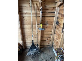 S/ Bundle Of 5 Yard Garden Items - 2 Rakes, Planter Basket, Wall Mount Wood Pecker Bird & Yellow Tool