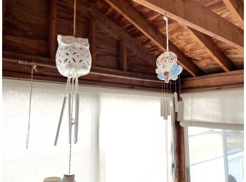P/ #5 Windchimes - 2  White Ceramic Chimes - Owls Light Up In Dark & Cloud Hot Air Balloon