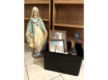 BR/ Lovely Religious Bundle - Large Plaster Virgin Mary, Crucifixes, Last Supper Art, Rosary Beads & Much More