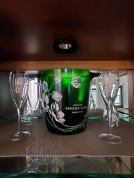 Painted Glass Ice Bucket And Wine Glasses