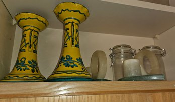 2 Yellow And Blue Print Candle Sticks