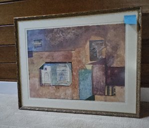 #31 Art Brown Blue Abstract Gold Frame  38'W X 29.5'H
