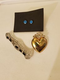 Tonic Heart Pin,  CZ Onyx Style Pin, Turquoise Stud Earrings