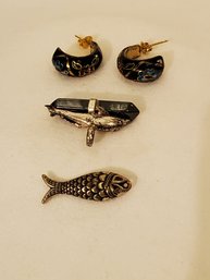Stone Pin, Fish On,  And Black Enamel Earrings