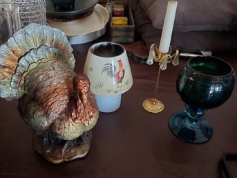 Home Decor: Turkey, Candle Holder Rooster, Gold Candle Holder, Green Goblet