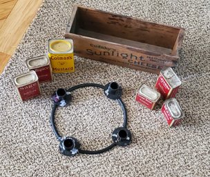 Antique Box With Spice Cans And Black Candle Ring Holder