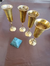 Sest Of 4 Brass Champagne Flutes And Green Stone Pyrmid