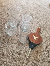 Fireplace Bellows And 4 Glass Vases