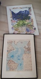 #102 Art - Set Of 2  Map And Floral Framed