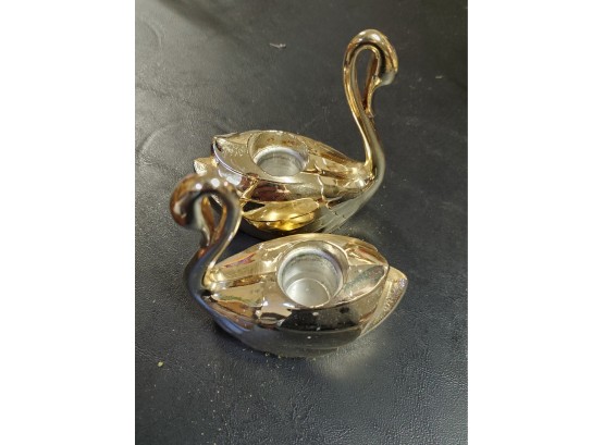 Set Of 2 Brass Swan Candle Holders