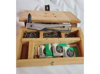 Wooden Box With Riveter And Precision Drill Pieces