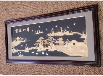 Chinese Carved Cork Framed Art With Cloth Birds
