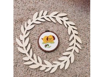 Wooden Leaves Wreath And Dog Needle Point 14'