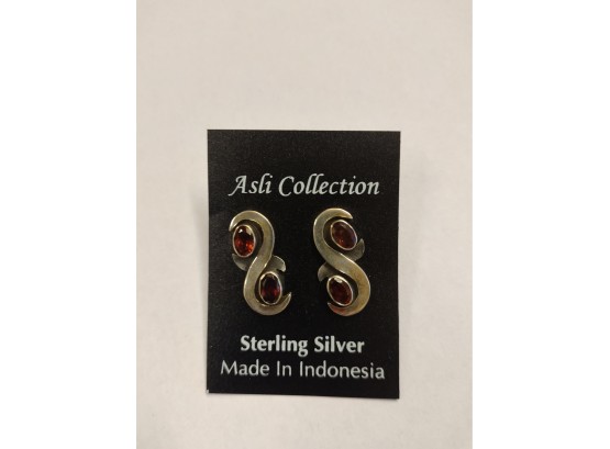 Garnet Double Swirl Silver Earrings